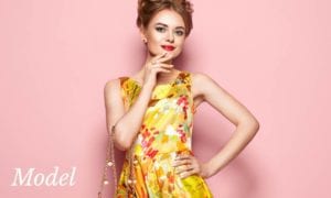 Model in Yellow Floral Dress and Red Lipstick